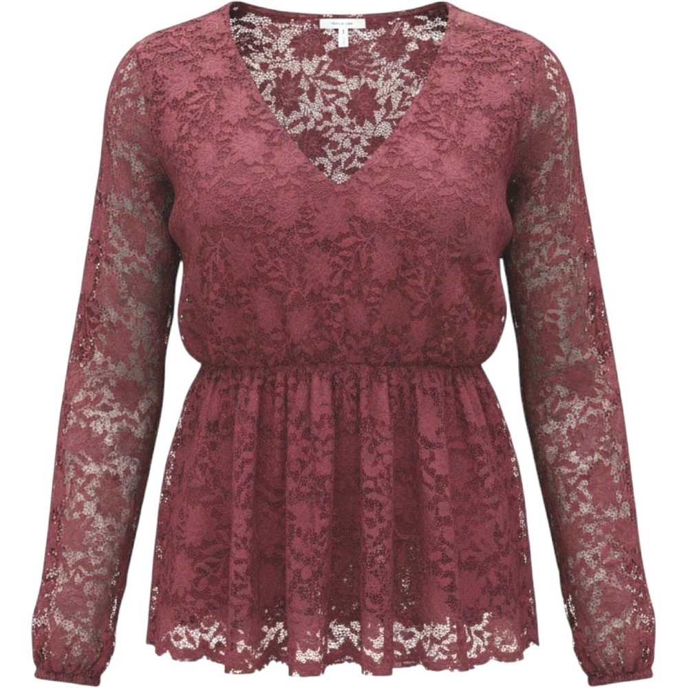 Maurices Lace Peplum Top Womens 1 Red V-Neck Long Sleeve Floral Blouse